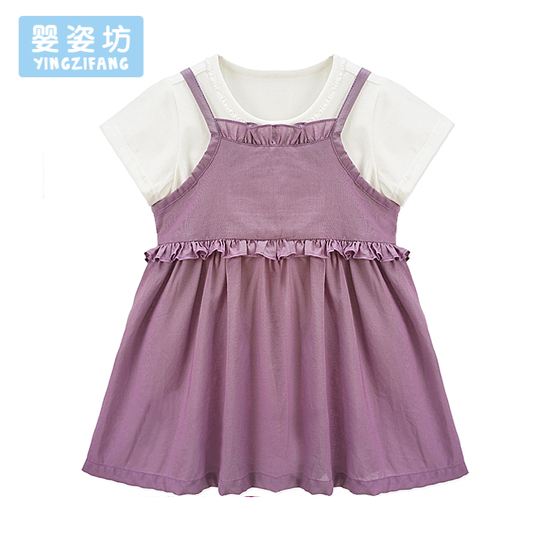 女童纯色圆领短袖吊带裙两件套
