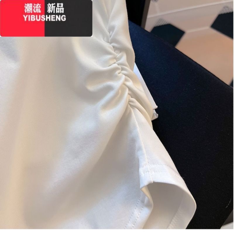 YIBUSHENG白色正肩纯欲风短袖t恤女季新款褶皱收腰设计弧形下摆短款上衣高清大图
