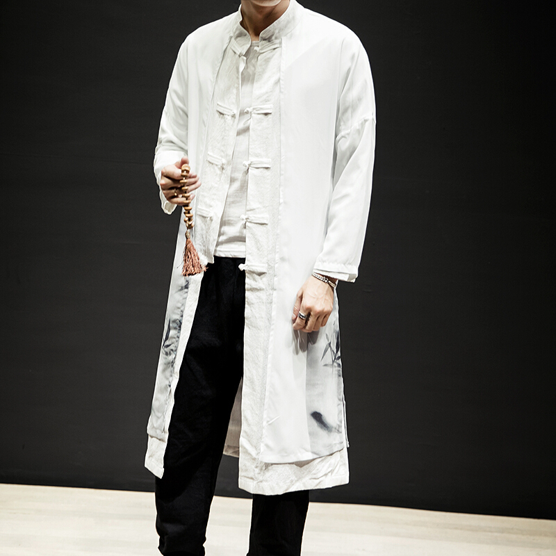 梵克公牛中国风男装中式古装袍佛系修身青年外套仙鹤居士白色