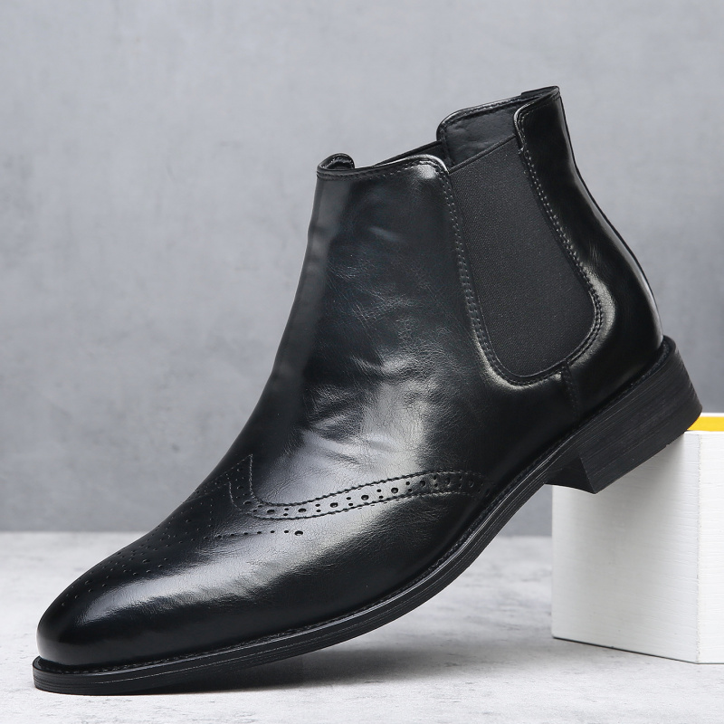 英伦风布洛克花真皮切尔西靴男潮流商务正装高帮皮靴男士马丁靴