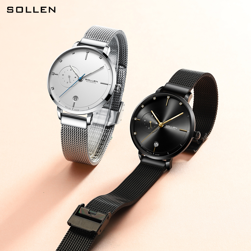梭伦(SOLLEN)手表女ins风新款简约时尚防水潮自动机械表女士手表女表腕表 SL-416高清大图