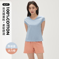Three Sons索罗娜睡衣女夏短袖短裤套装柔软凉感撞色可外穿家居 L 丝光棉静谧蓝上衣+活力橙短裤