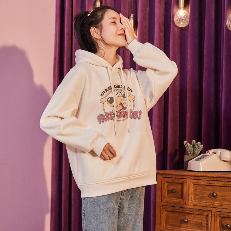 唐狮秋冬季卫衣女新款宽松百搭趣味狗狗印花连帽上衣可爱流行
