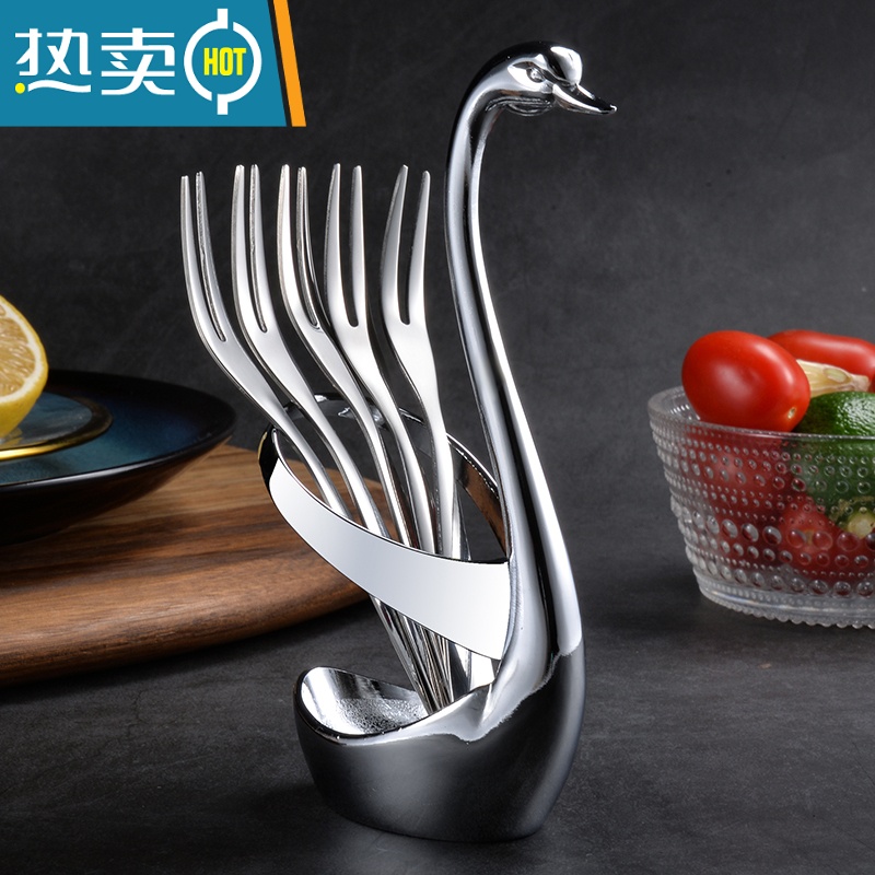 敬平304不锈钢水果叉水果签果插小叉子甜品叉月饼叉家用5支装 单个银色天鹅座高清大图