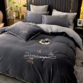 南极人双面加厚刺绣四件套法兰绒被套冬季珊瑚绒三件套床单 1.8床被套200*230cm四件套 倾城-墨灰