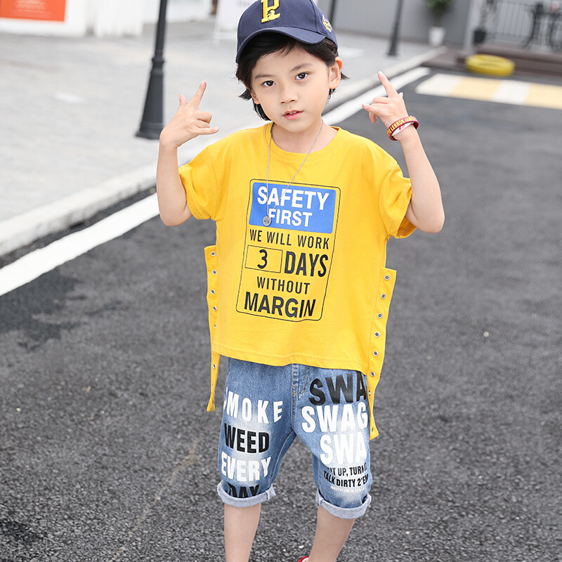 男童短袖T恤牛仔裤套装2018夏季中大童韩版宽松运动两件套潮ljq
