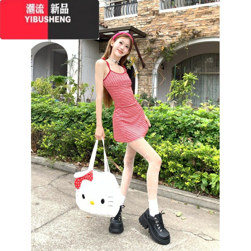 YIBUSHENG度假风吊带连衣裙女春季百搭显瘦中长裙设计感红色格子露背A字I高清大图