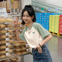 [1.5折价35元]唐狮夏季女圆领插肩袖左胸硅胶标短袖T恤百搭减龄韩版气质潮