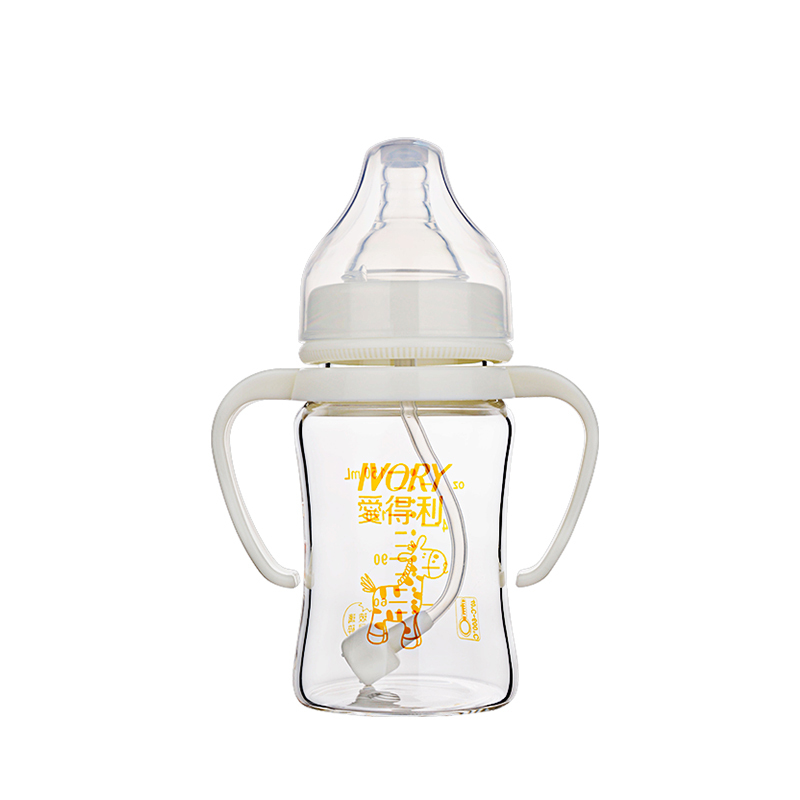 爱得利IVORY婴儿奶瓶带吸管手柄宽口奶瓶玻璃奶瓶150ml A100