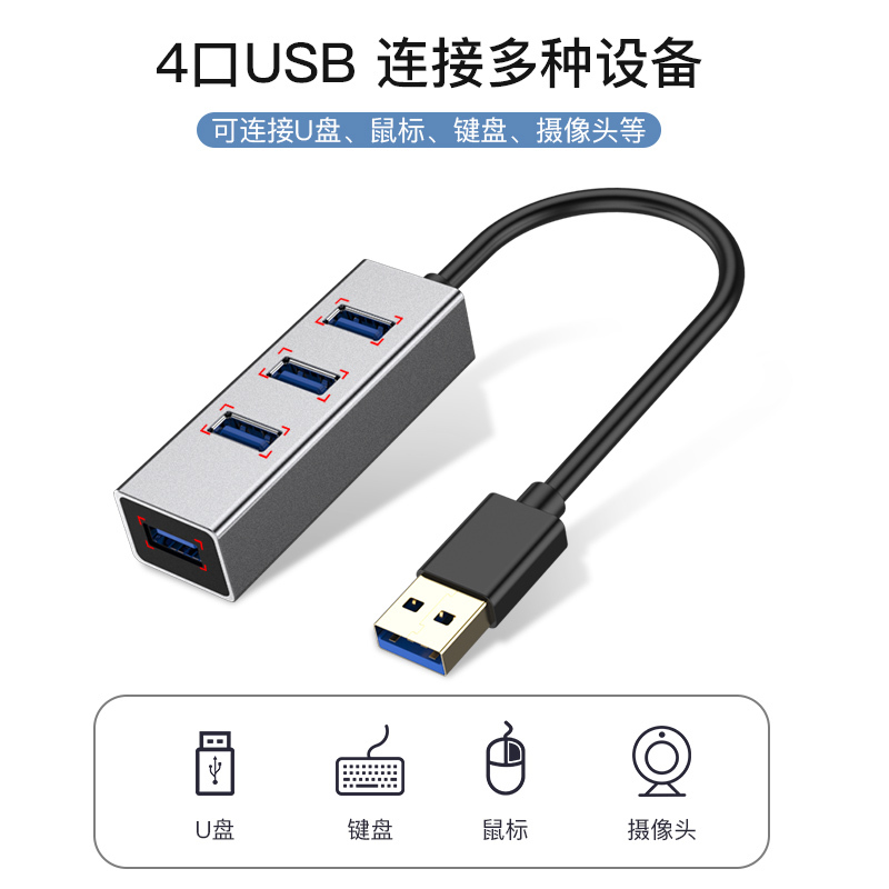 戴尔笔记本电脑扩展器usb3.0接口一拖四多功能分线器typ|usb2.0铝壳【黑色】四合一☆支持连接多种设备 1.2m
