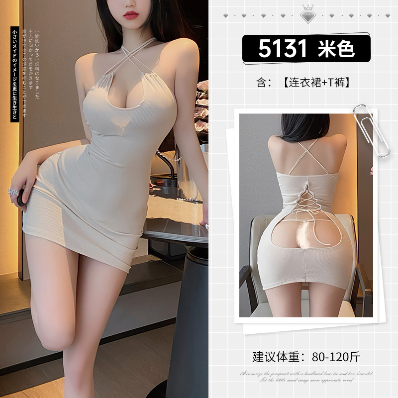 霏慕午夜魅力性感夜店弹力包臀裙情趣内衣制服衣服女交叉系带露背连衣裙女式情趣睡衣睡裙床上衣服5131 7180黑【露乳文胸+开裆T裤】 均码