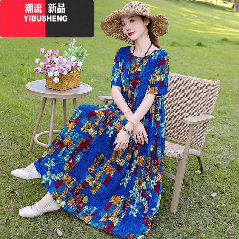 YIBUSHENG季年轻款新款高端棉绸连衣裙气质优雅妈妈短袖薄款高级感沙滩感高清大图