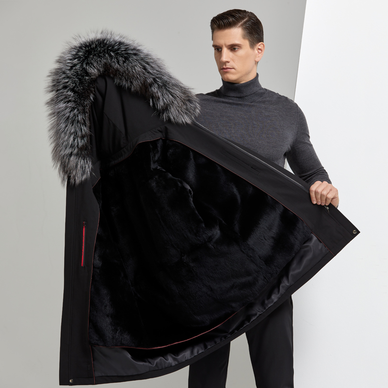 冬季新款真皮皮衣男派克服中长款风衣时尚潮流皮草外套加厚海宁真皮羽绒服男士皮衣冬季外套鄂尔多斯梦特娇金利来阿玛尼利郎苹果 2088银狐毛领黑色内胆 XXXL/190