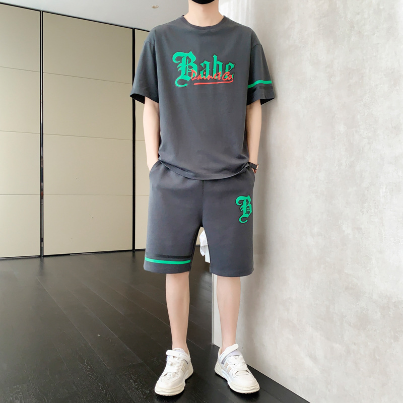 啄木鸟冰丝套装男士夏季薄款运动短袖t恤一套搭配五分休闲短裤男 0853深灰 XL125-145斤可穿