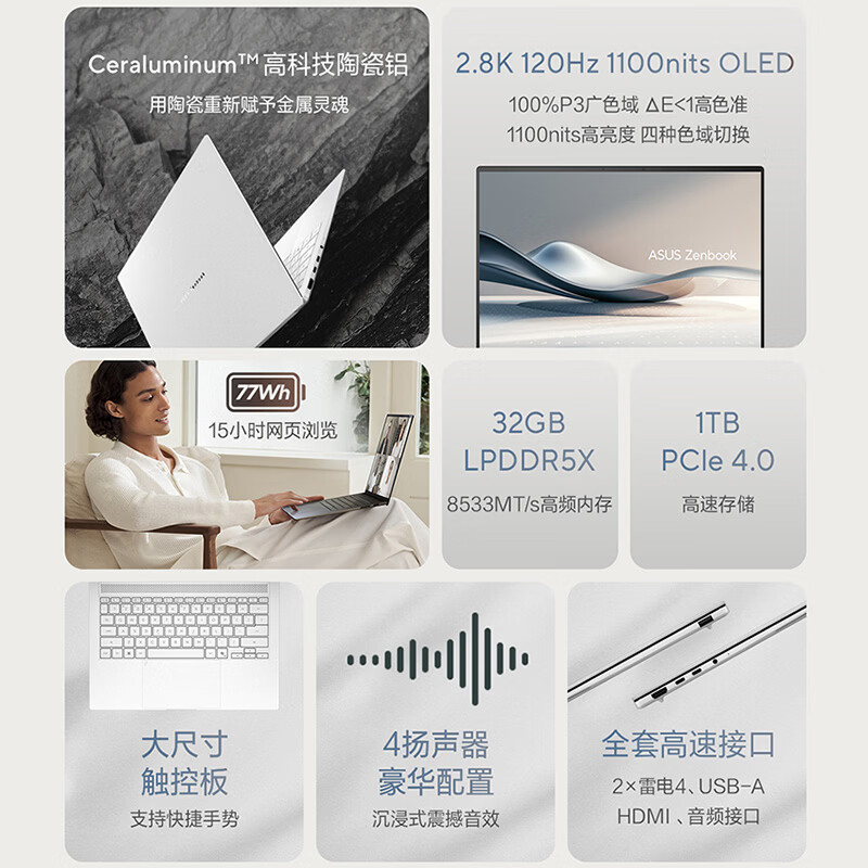 华硕灵耀14 Air 2026 全新第三代酷睿 Ultra 9 2.8K AI笔记本电脑(386H 32G 1T)高清大图