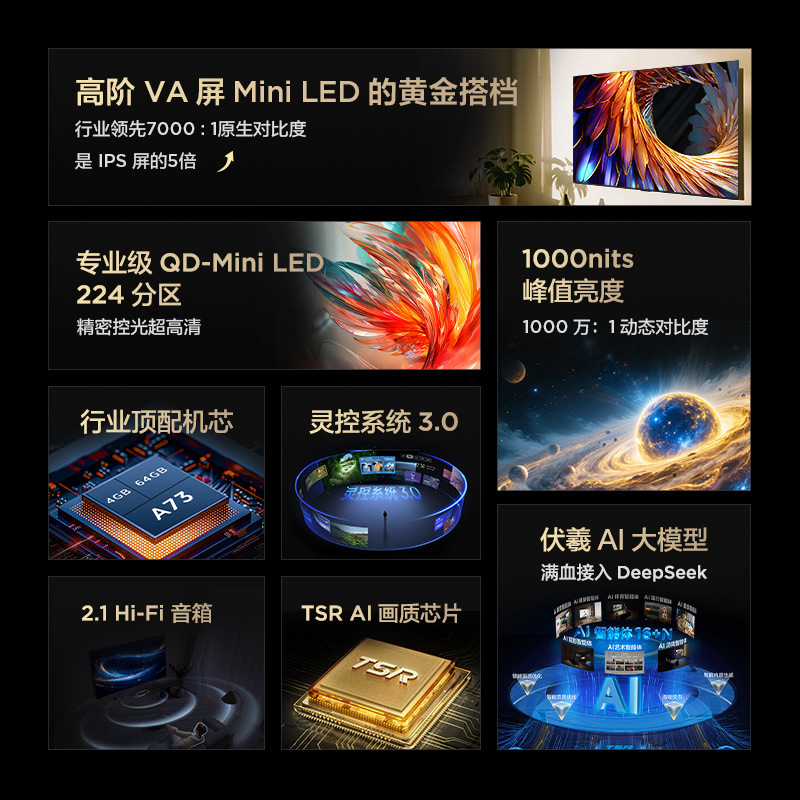 雷鸟 鹤6 25款 65英寸MiniLED电视 家电国家补贴 288Hz 4+64GB 一级能效智能电视机65S595C
