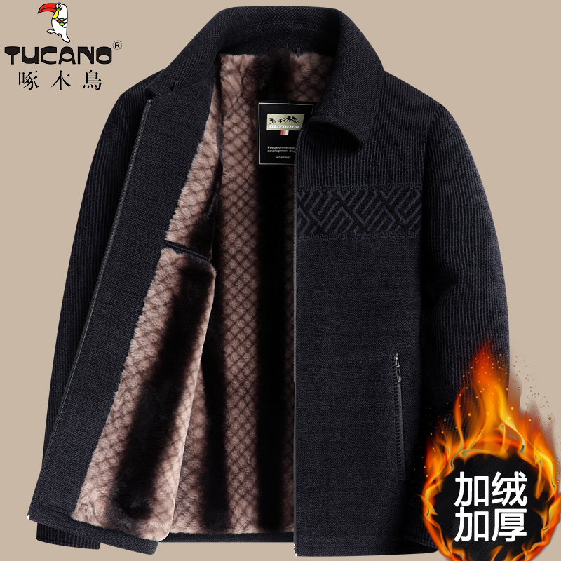 啄木鸟中老年人毛呢夹克男爸爸冬装外套加绒加厚冬季爷爷保暖棉衣高清大图