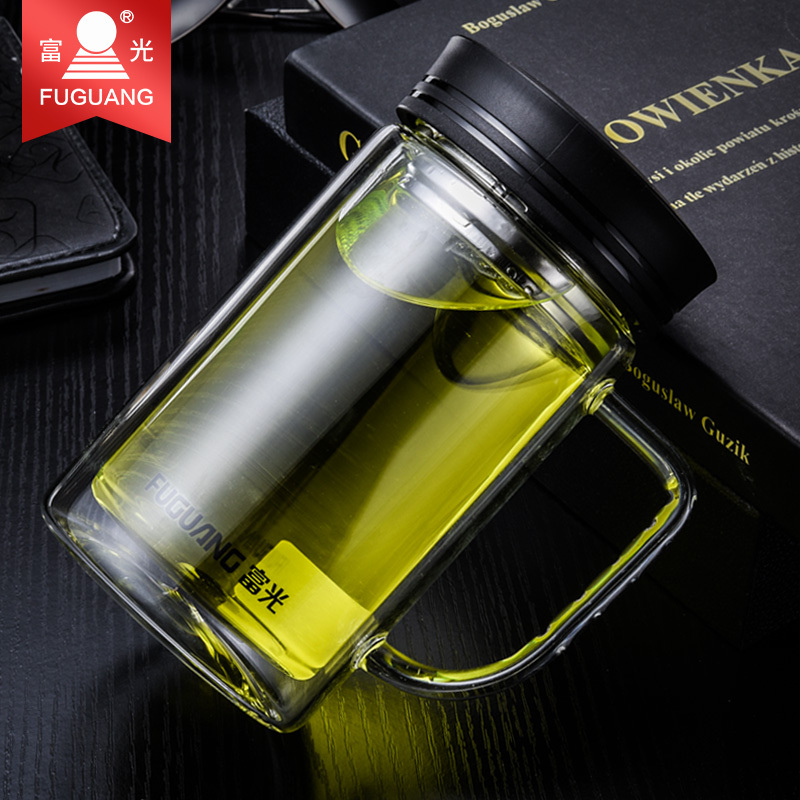 富光(FGA)玻璃杯双层办公杯带把手柄钢化保温水杯家用男喝水茶杯子隔热 钢本色-570ML