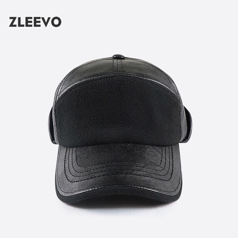 / 冬季护耳PU皮质棒球帽男士中老年保暖加绒鸭舌帽