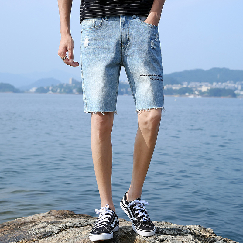 亚木牛仔短裤男士夏季薄款五分裤子男弹力破洞休闲短裤直筒韩版潮裤子新款