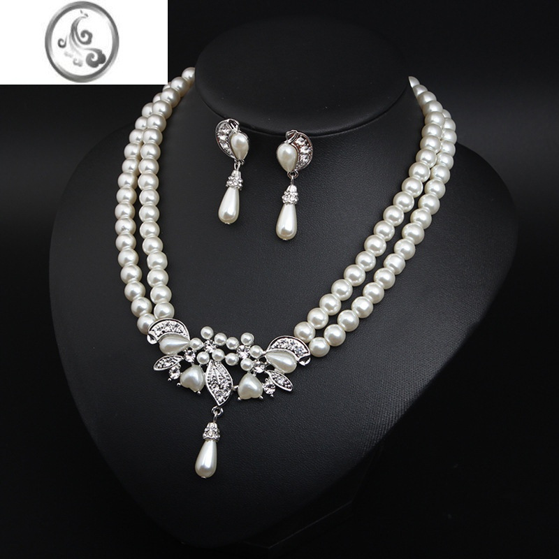 jimi精美珍珠首饰新娘结婚跟妆饰品森系婚纱礼服耳环项链套装宴会配饰