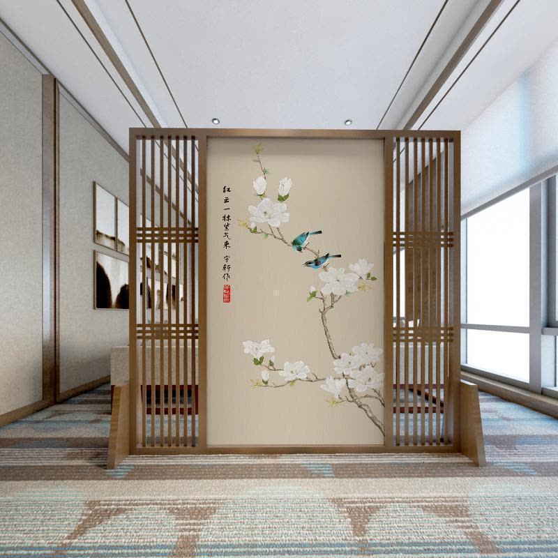 森美人屏风隔断客厅玄关新中式实木镂空格栅定制办公室入户茶室装饰座屏图片