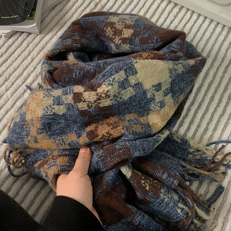 啄木鸟2024冬新款复古格纹围巾女冬季保暖百搭情侣氛围感围脖学0 蓝咖色