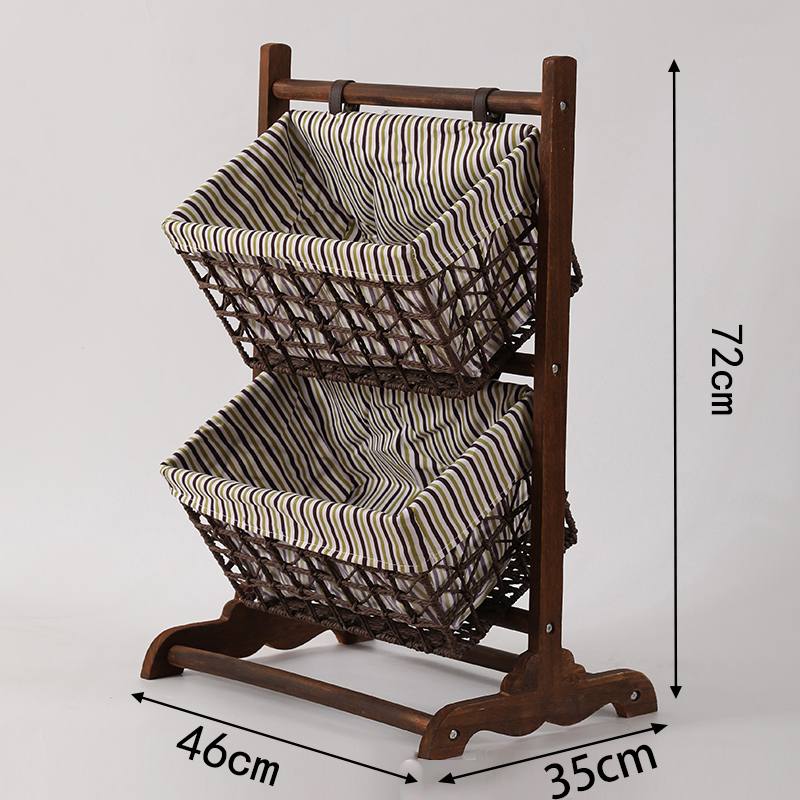 森美人布艺玩具收纳架客厅落地杂物储物架藤编多层书报架实木置物架 两层烤架-黄条新款46宽