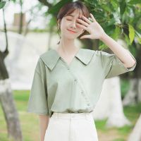 帛卡琪2021新款半袖文艺翻领衬衫夏季不对称短袖棉质衬衣女polo衫 浅绿色 S