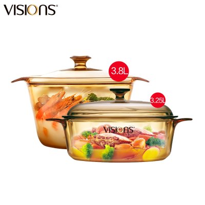 康宁(VISIONS)3.25晶彩玻璃锅+3.8养身锅 厨具套装 汤锅 炖锅 透明锅厨具套装透明耐热玻璃锅 进口玻璃锅