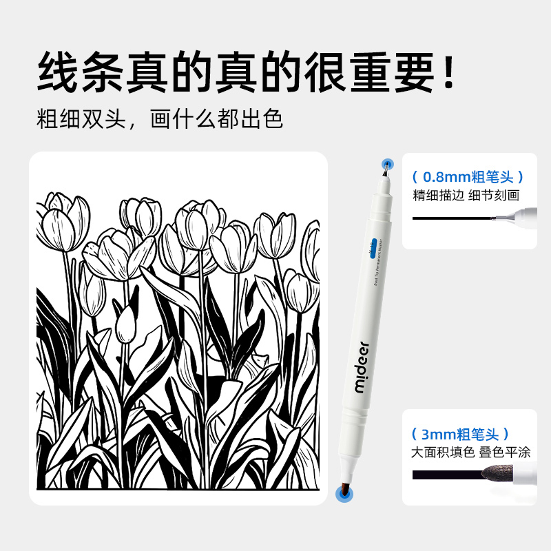 弥鹿勾线笔美术专用小学生儿童黑色油性双头幼儿园马克笔描线笔防水速干不掉色描边记号笔高清大图