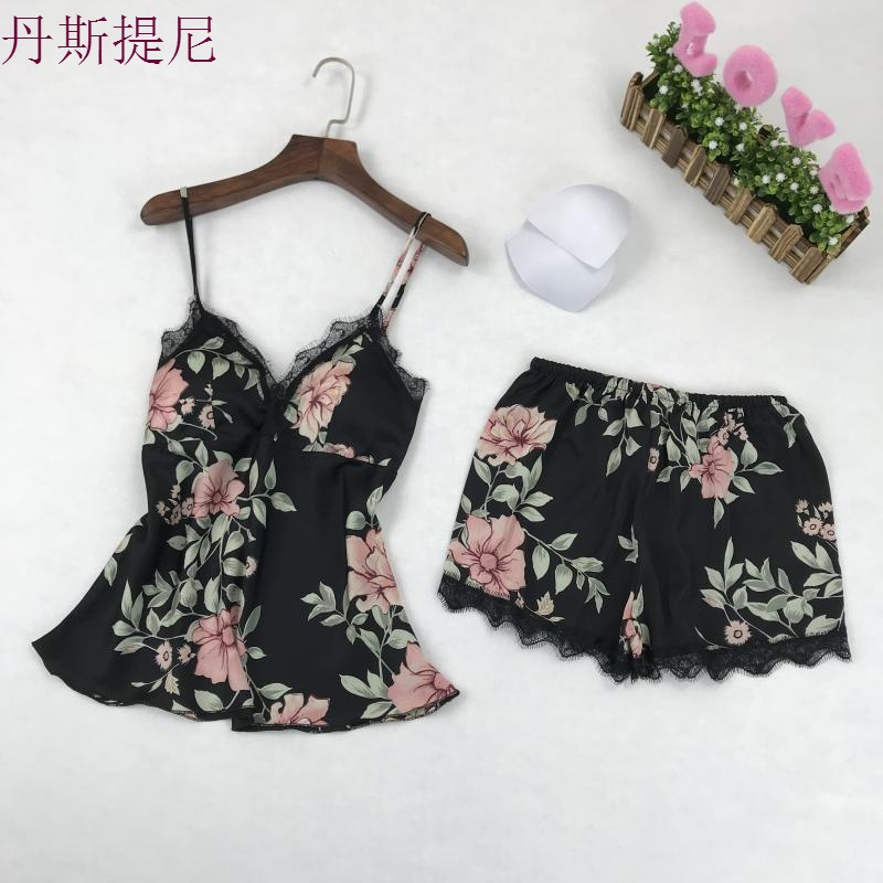 韩版新款春秋女神睡衣女冰丝绸印花两件套露背带短裤家居服夏季