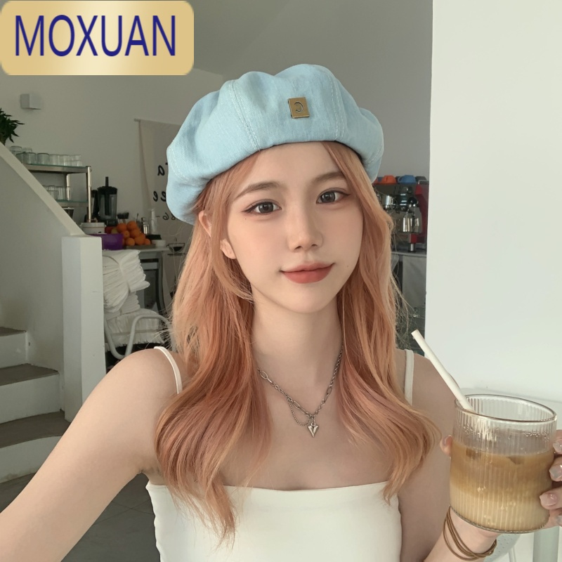 MOXUAN牛仔贝雷帽女小众春夏季舒适显脸小蓓蕾画家帽圆脸水洗做旧帽子女