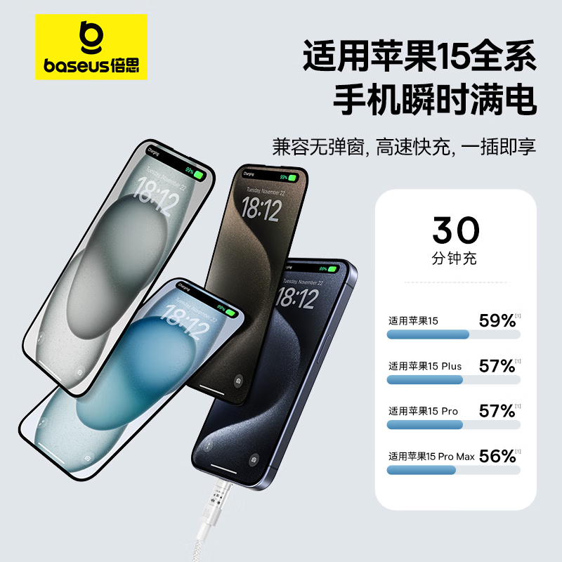 倍思苹果15/16充电线Type-C数据线PD100W快充ctoc车载CarPlay 2米透明白