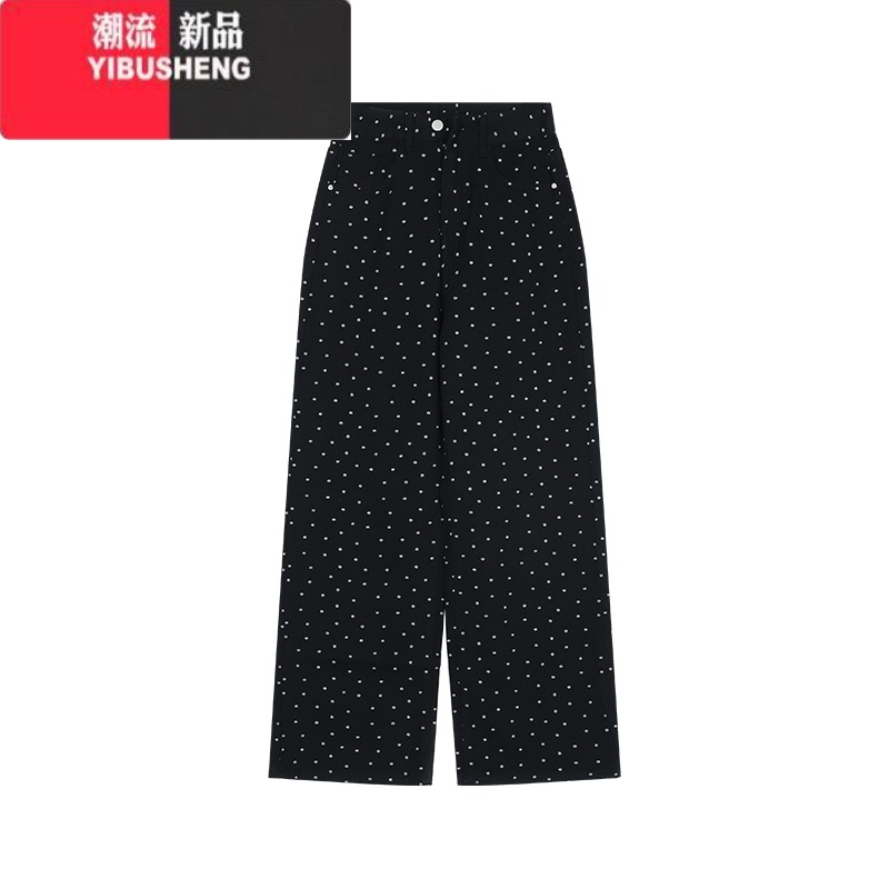 YIBUSHENG白色直筒裤牛仔裤女季复古波点休闲裤高腰阔腿裤古E裤 S 黑色