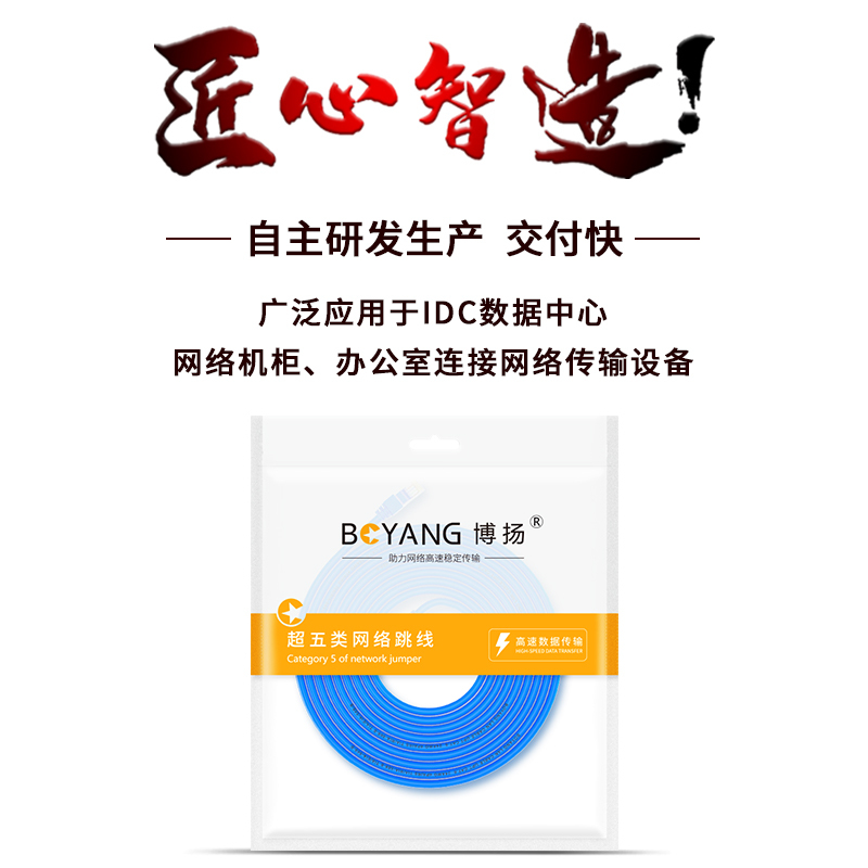 博扬 超五类网络跳线 非屏蔽千兆成品网线 CAT5e(24AWG)无氧铜双绞线0.3米 蓝 BY-5003B