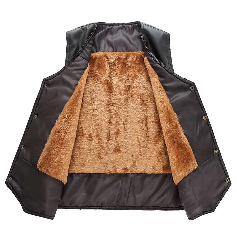冬装新品皮马甲男加绒加厚中老年爸爸装加绒毛内胆pu皮马甲男户外钓鱼
