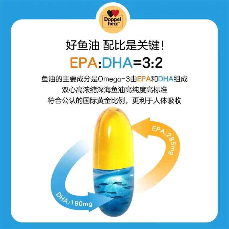 Doppelherz 德国双心鱼油 1400mg 高浓缩冷水深海胶囊30粒 Omega-3 含DHA/EPA高清大图