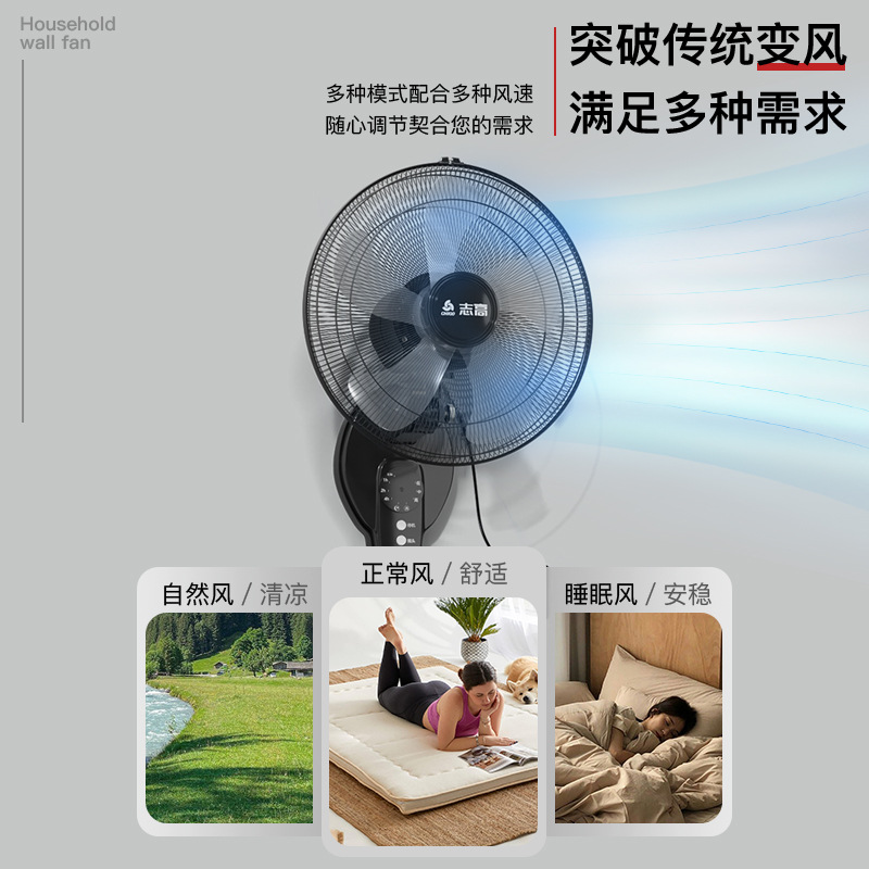 志高壁扇挂壁摇头电风扇家用大风力壁挂式墙壁扇商用工业办公挂墙-16英寸壁扇【五叶-独立开关-加长电源线】高清大图
