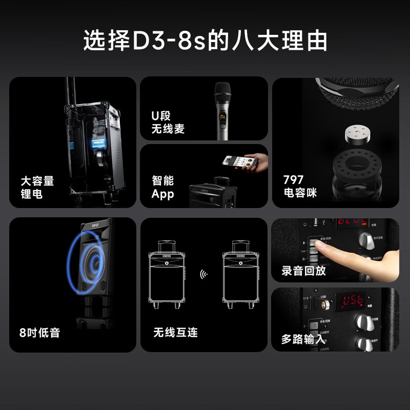 EDIFIER/漫步者 D3-8S移动蓝牙音响广场舞K歌拉杆音箱话筒户外唱歌大容量锂电无线互联多路输入高清大图
