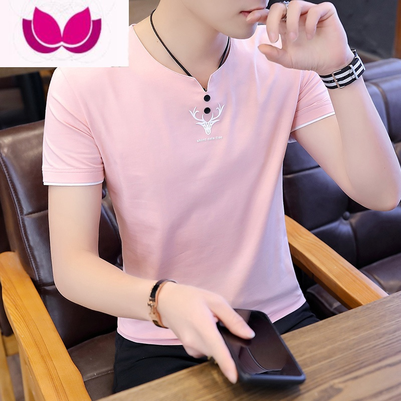 七斓v领男士短袖t恤夏季潮流修身上衣服男潮牌百搭夏装半袖衫