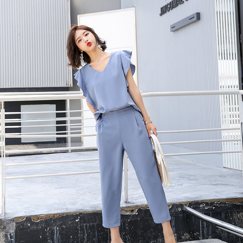 女士夏装新品韩版矮个子阔腿裤套装夏款时尚洋气显瘦时髦两件套女