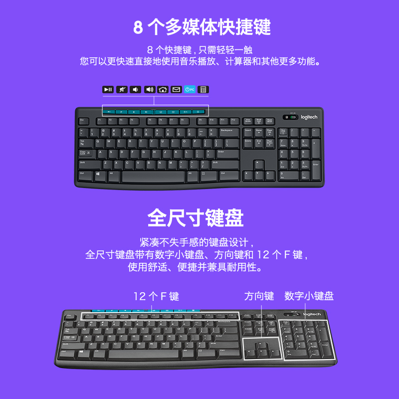 罗技(Logitech)MK275 无线键盘鼠标套装 时尚办公舒适家用USB微型接收器 多媒体防溅水花 键鼠套装 黑色