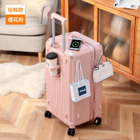 罗恩Ronoen五轮超大容量行李箱万向轮PC旅行箱男女学生铝框拉杆箱USB充电密码箱杯架减震刹车万向轮旅行皮箱子 30寸 铝框款_樱花粉【杯架_USB双充电口】