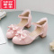 可莉允圆头粗跟大童高跟鞋白色凉鞋公主鞋女童蝴蝶结儿童鞋小女孩皮鞋运动休闲鞋