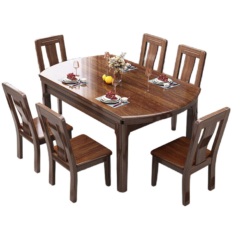 锦北 新中式胡桃木餐桌椅组合木质伸缩两用餐桌家用吃饭桌小户型饭桌高清大图