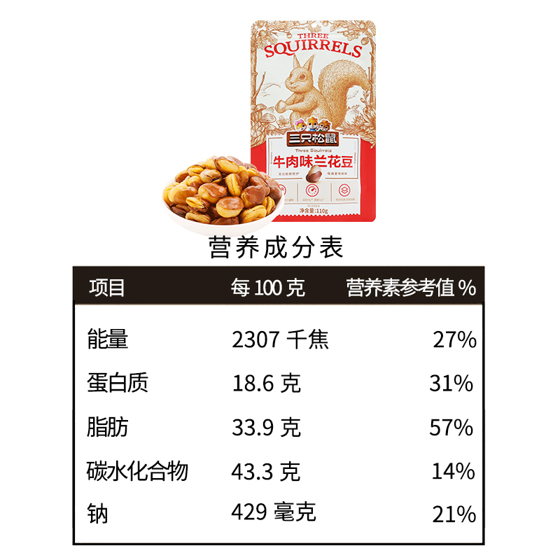 三只松鼠牛肉味兰花豆坚果炒货即食豆子兰花豆110g*1袋