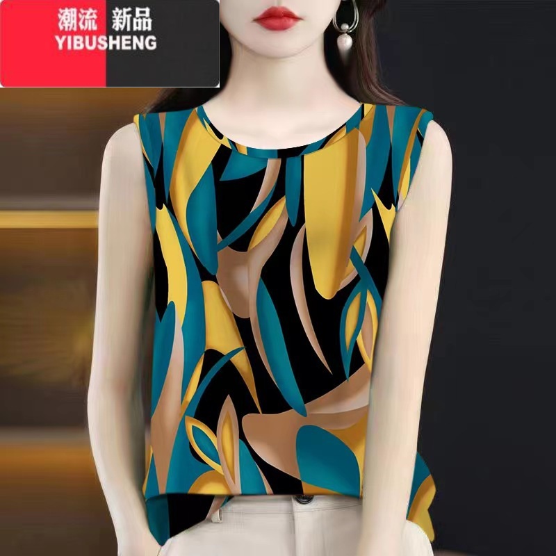 YIBUSHENG冰丝季新款背心女外穿无袖上衣妈妈装打底大码印花小衫外 L建议90-100斤 蓝色907