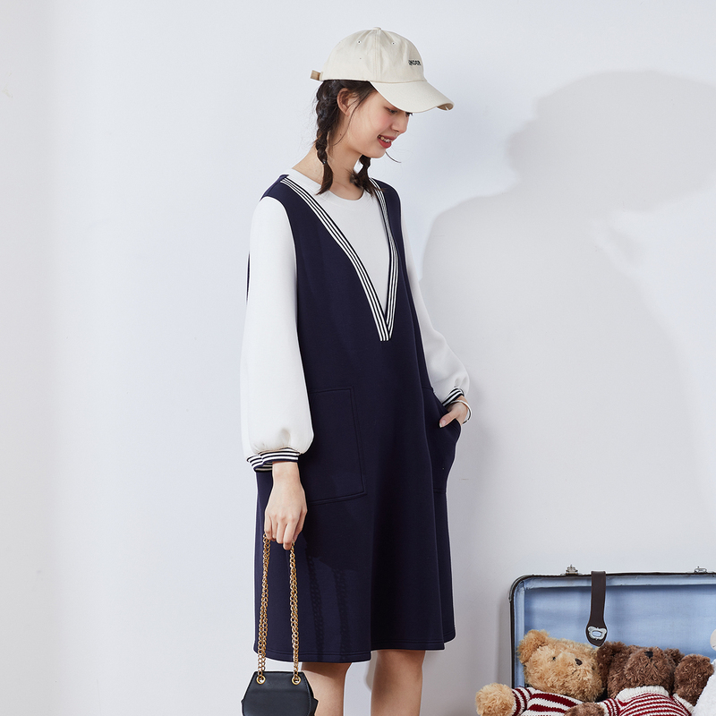 唐狮春秋季新款连衣裙女中长款假两卫衣裙韩版宽松休闲裙子