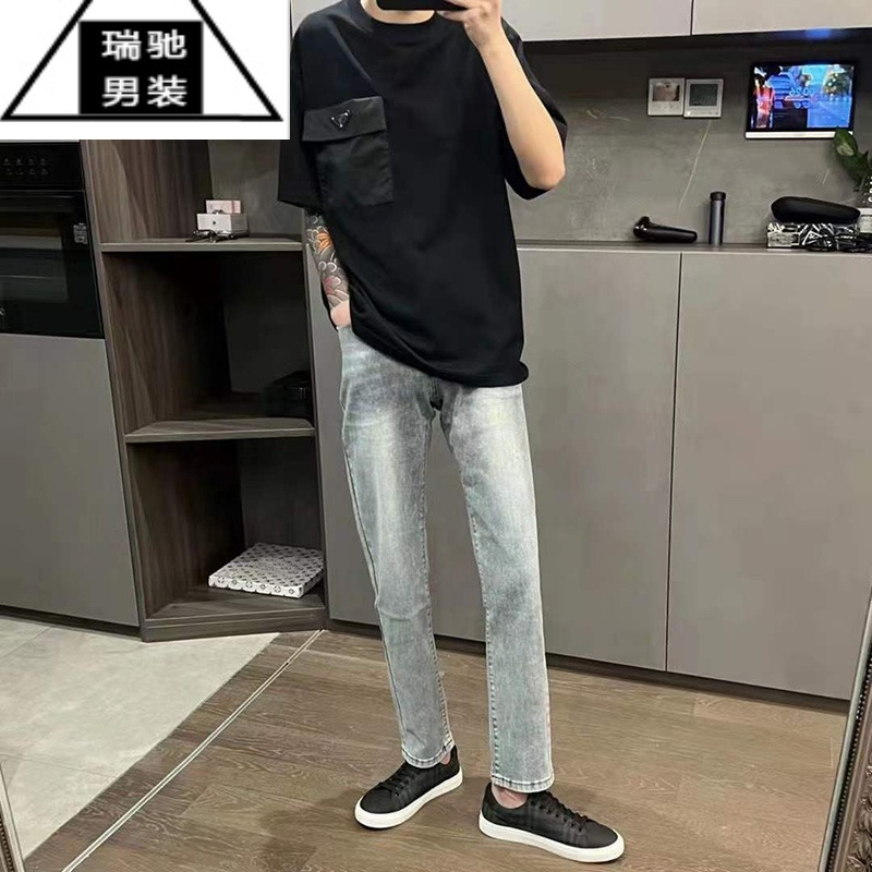 希杰狮王2023年秋季新款印花牛仔裤男网红潮牌修身百搭学生九分休闲长裤子